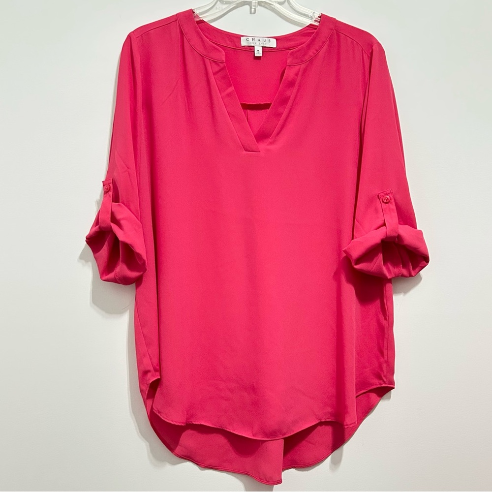 Chaus Beautiful Bright Pink Women's Blouse with Adjustable Sleeves